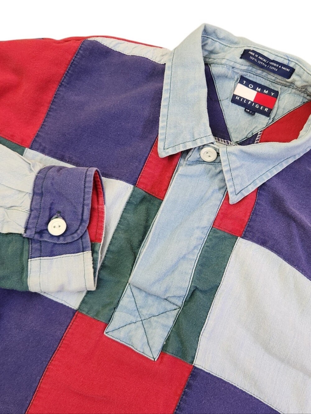 Tommy Hilfiger Mens M Patchwork Y2K 90s Long Sleeve Polo Rugby Preppy Colorblock